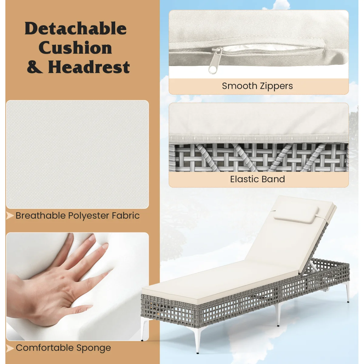 6-Step Rattan Outdoor Sunbed - White – image 8