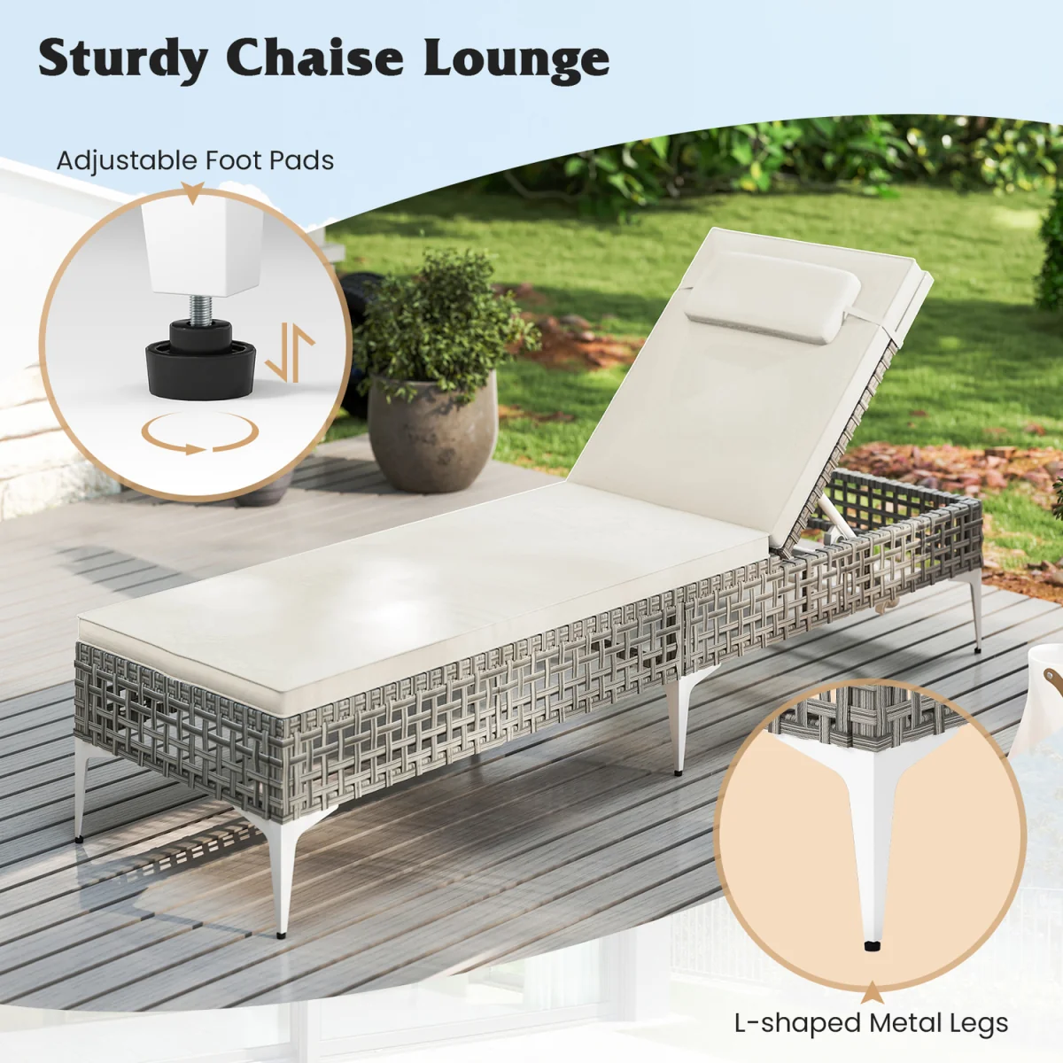 6-Step Rattan Outdoor Sunbed - White – image 9