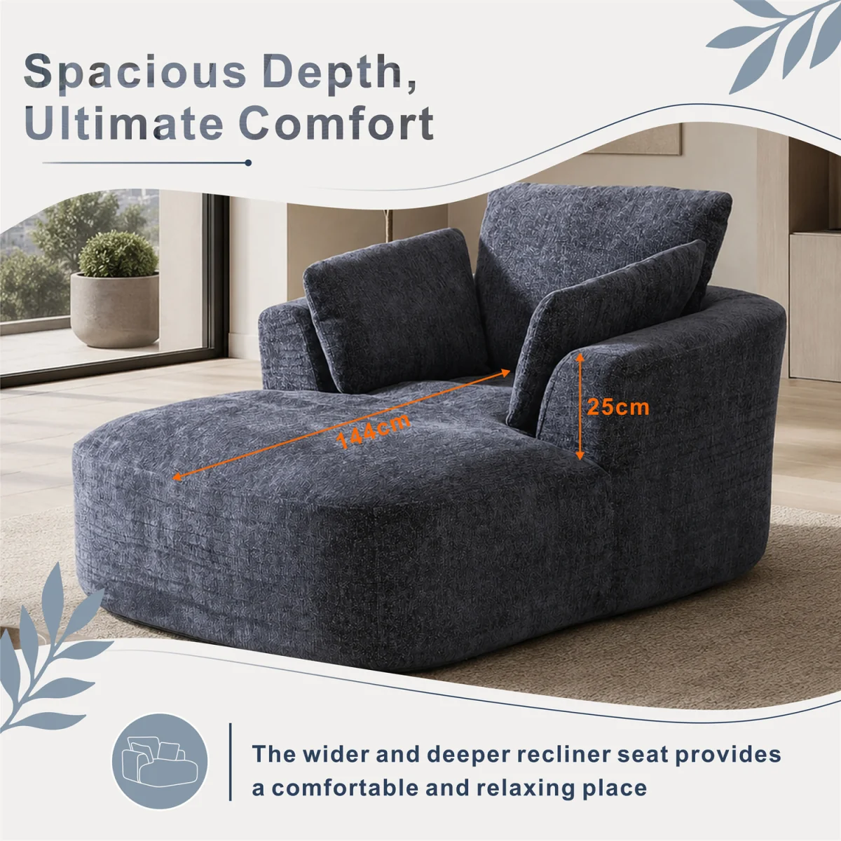 MIMO Indoor Chaise Lounge Lasy Sofa with 30D Foam, Chenille Upholstery - Grey – image 3