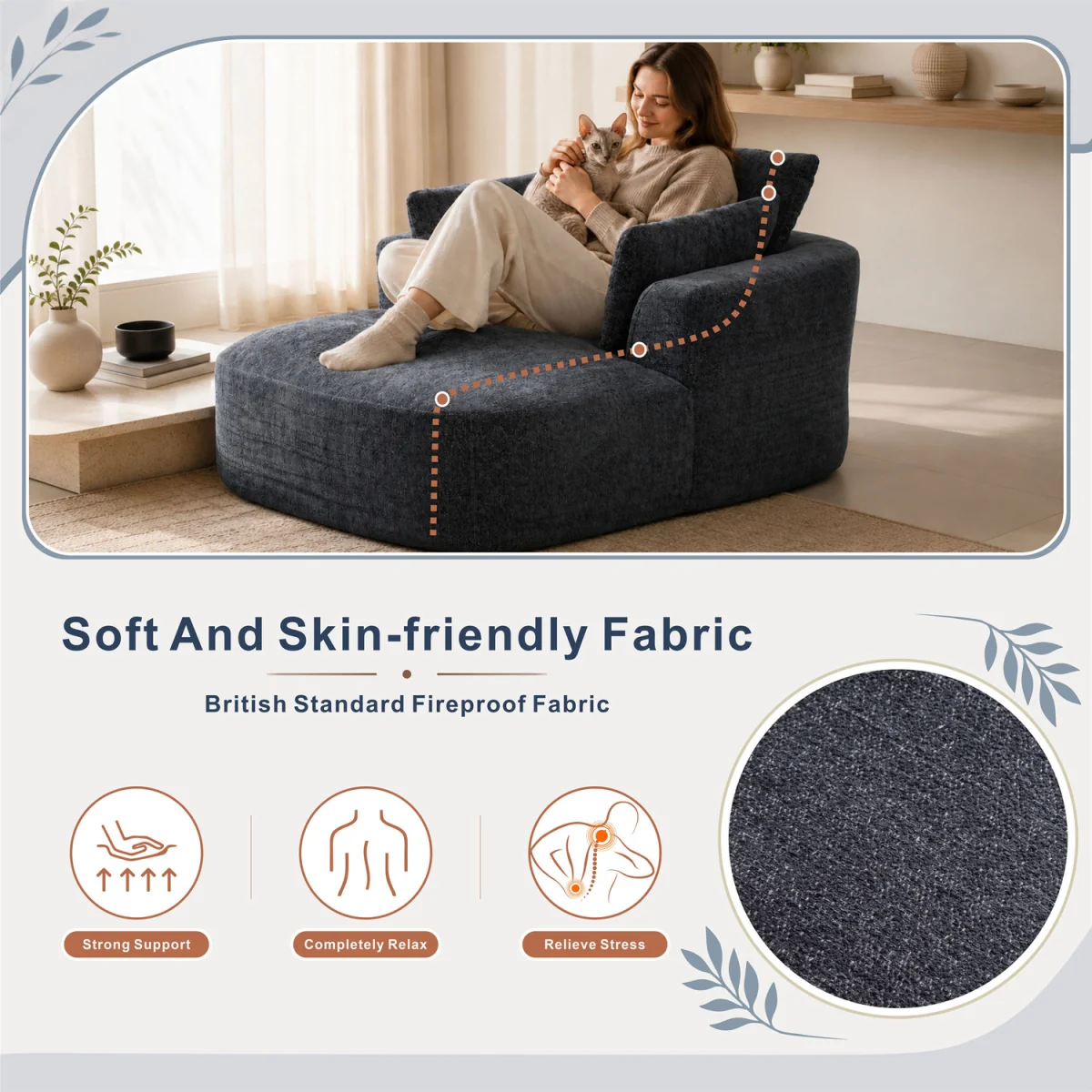 MIMO Indoor Chaise Lounge Lasy Sofa with 30D Foam, Chenille Upholstery - Grey – image 4