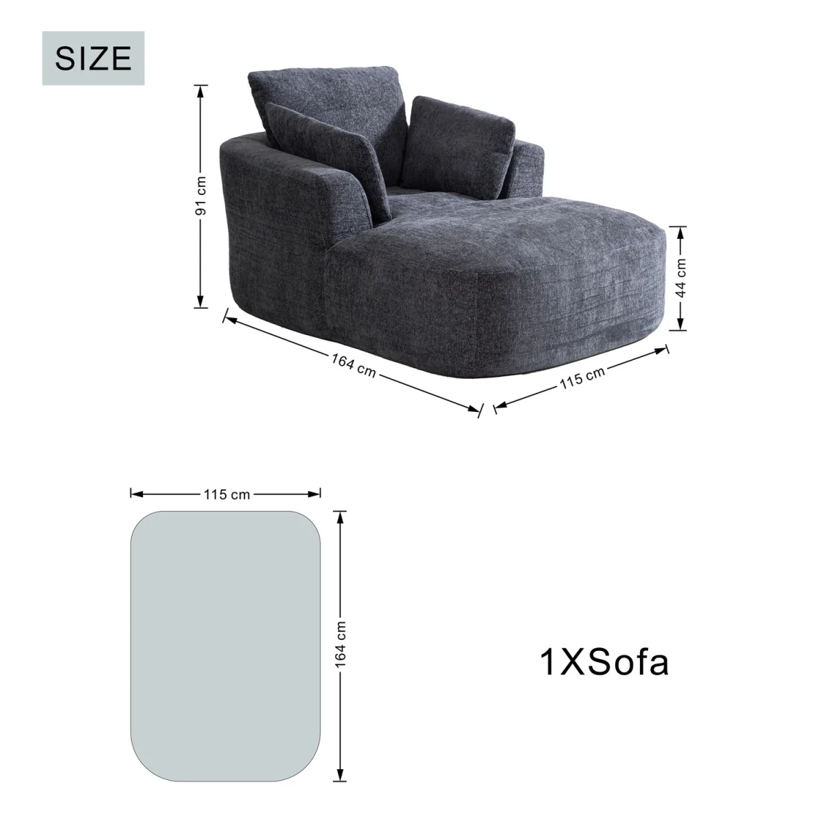 MIMO Indoor Chaise Lounge Lasy Sofa with 30D Foam, Chenille Upholstery - Grey – image 8