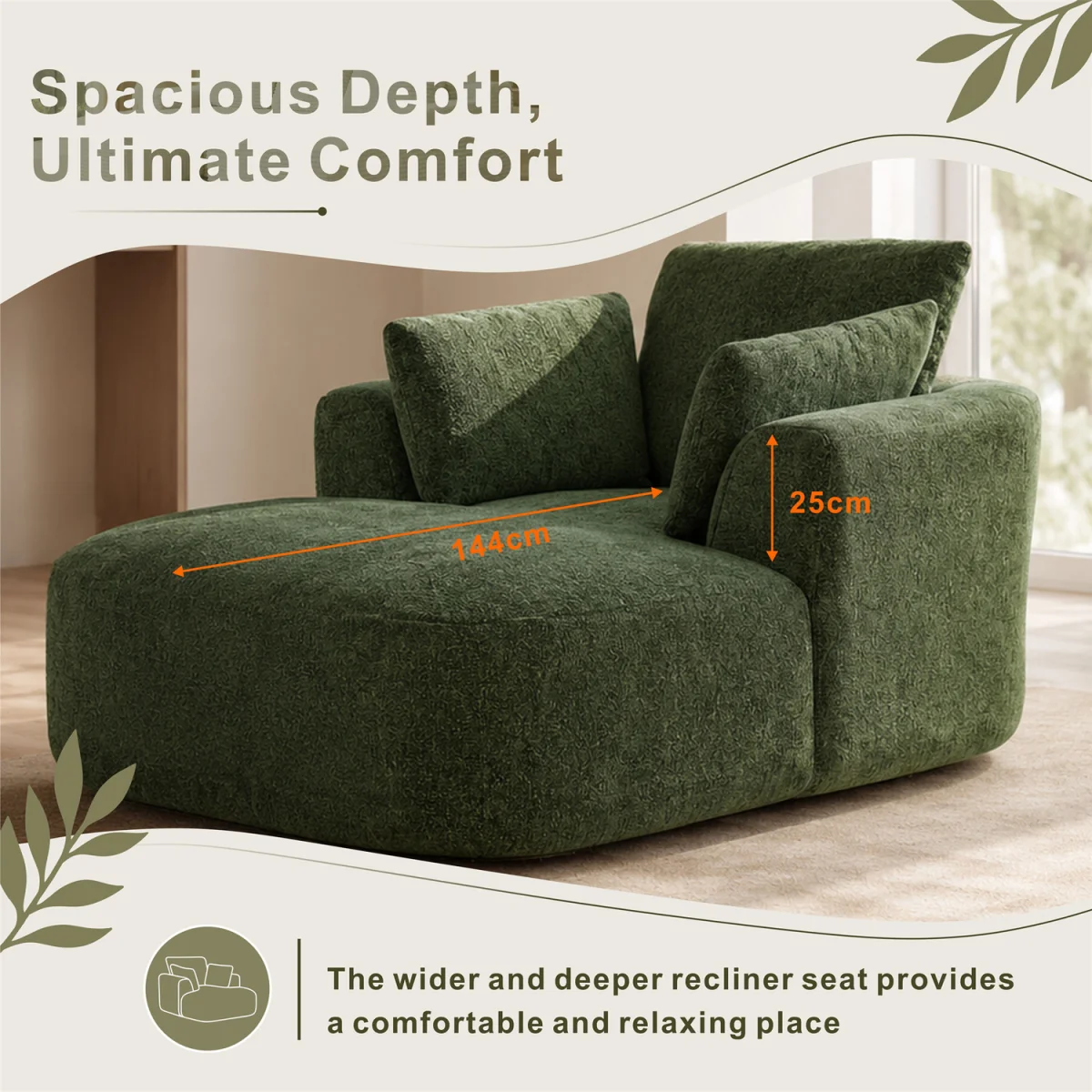 MIMO Indoor Chaise Lounge Lasy Sofa with 30D Foam, Chenille Upholstery - Green – image 3