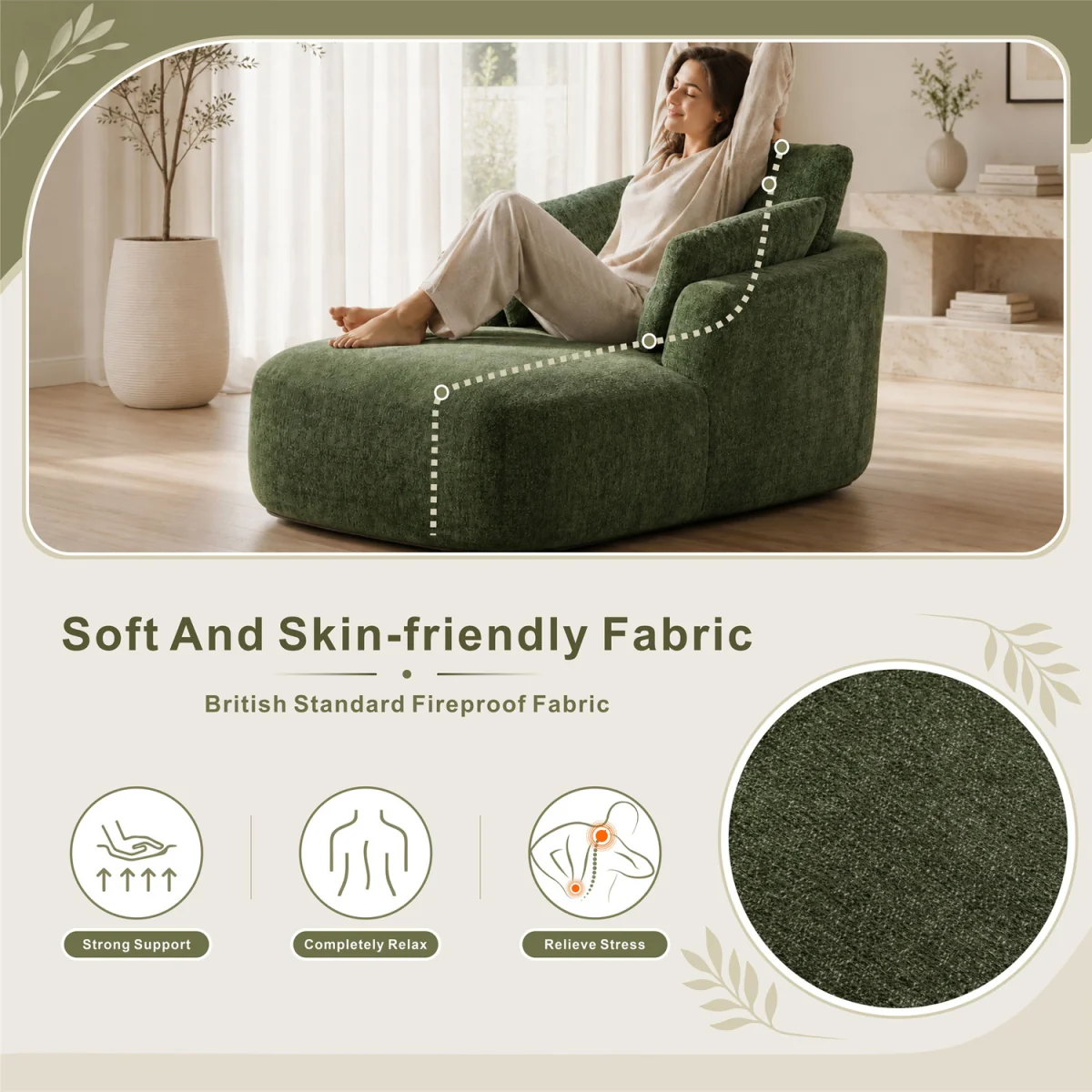 MIMO Indoor Chaise Lounge Lasy Sofa with 30D Foam, Chenille Upholstery - Green – image 4