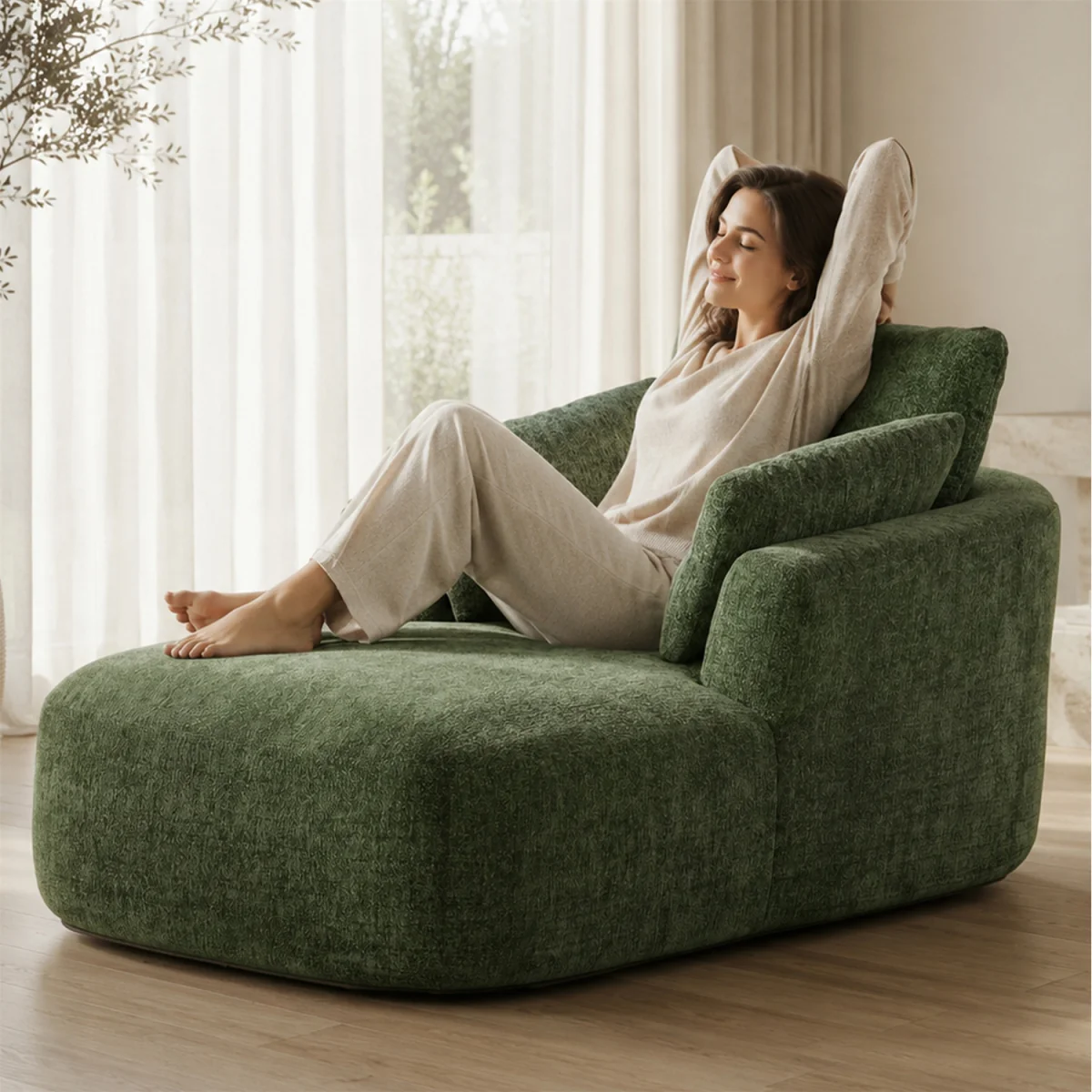 MIMO Indoor Chaise Lounge Lasy Sofa with 30D Foam, Chenille Upholstery - Green – image 5