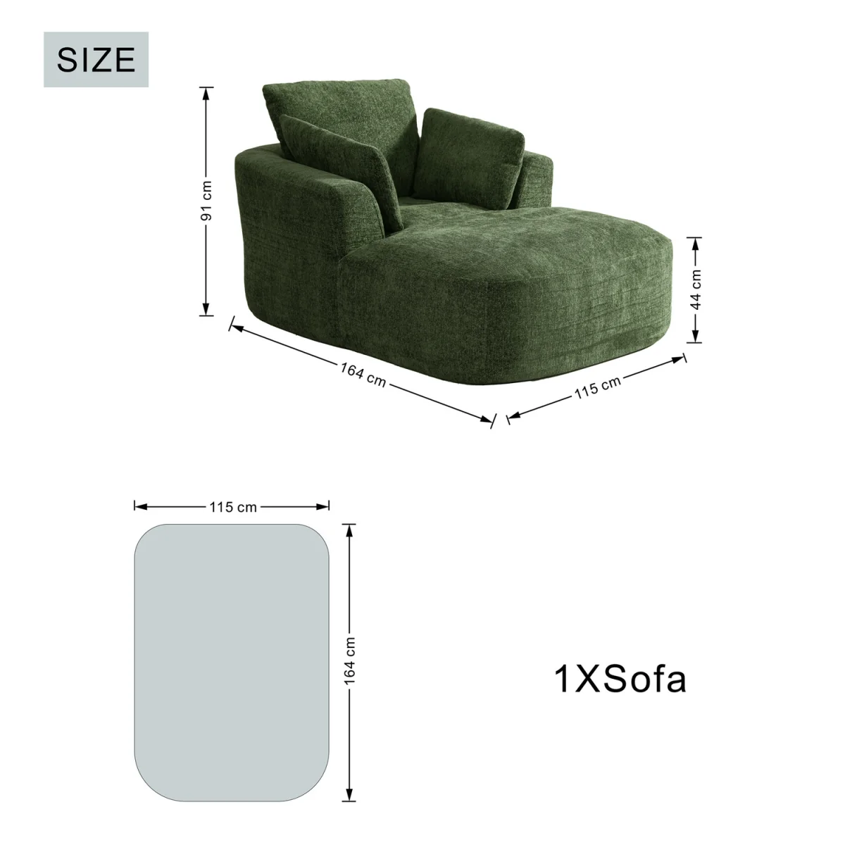 MIMO Indoor Chaise Lounge Lasy Sofa with 30D Foam, Chenille Upholstery - Green – image 7