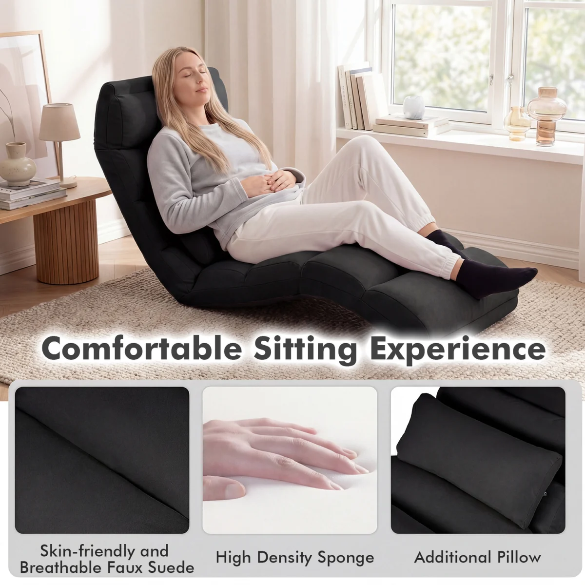 Indoor Chaise Lounge Sofa with Adjustable Backrest - Black – image 4