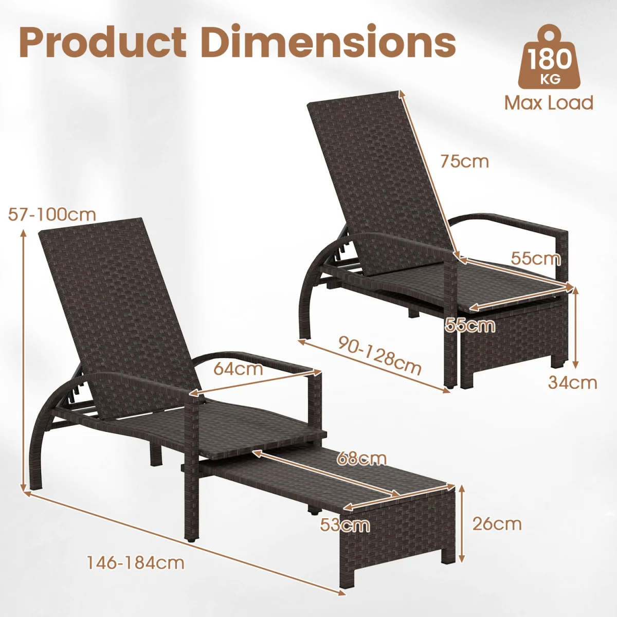 Wicker Reclining Patio Chaise Lounge - Brown – image 2