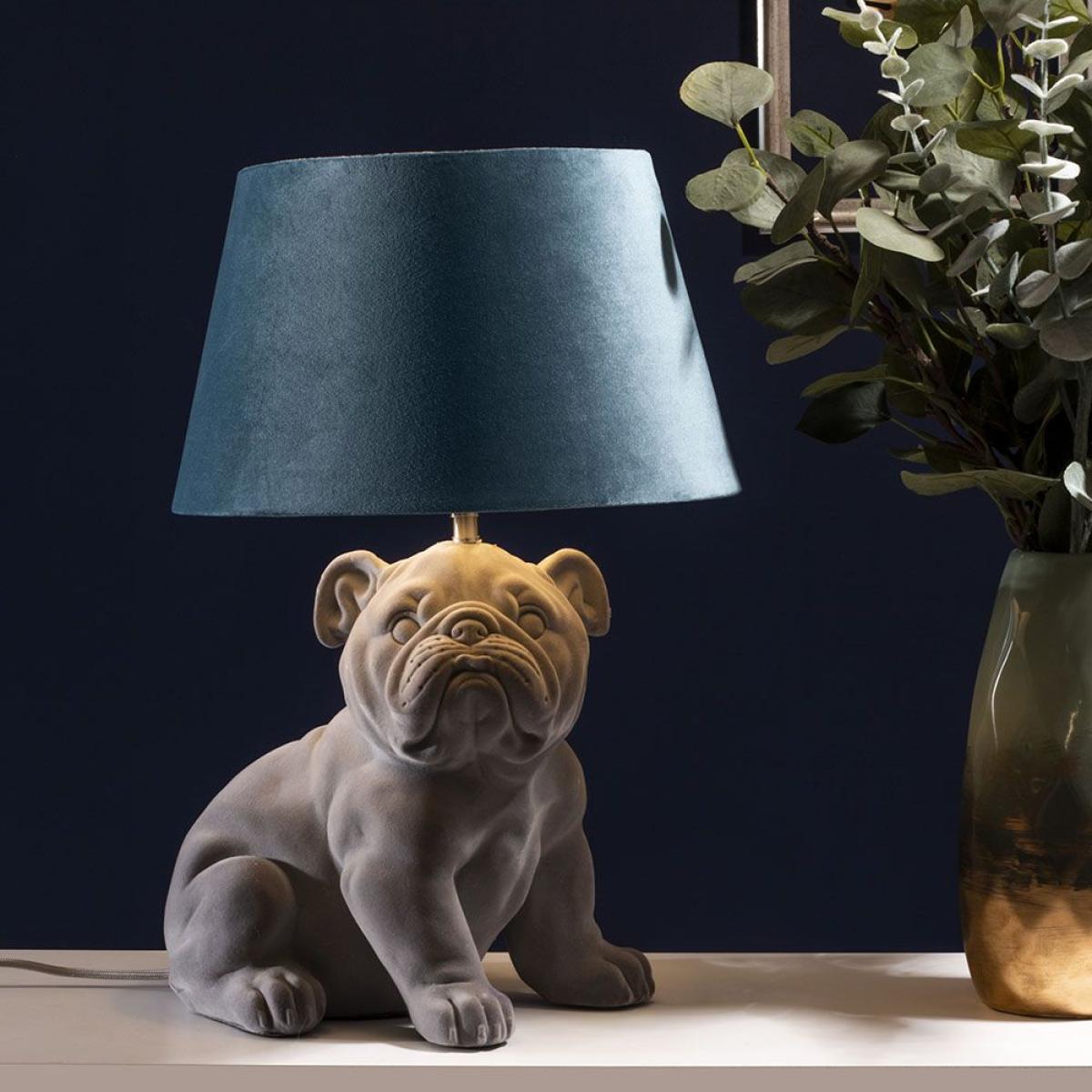 Boris Bulldog Flock Table Lamp with Velvet Shade, Grey – image 2