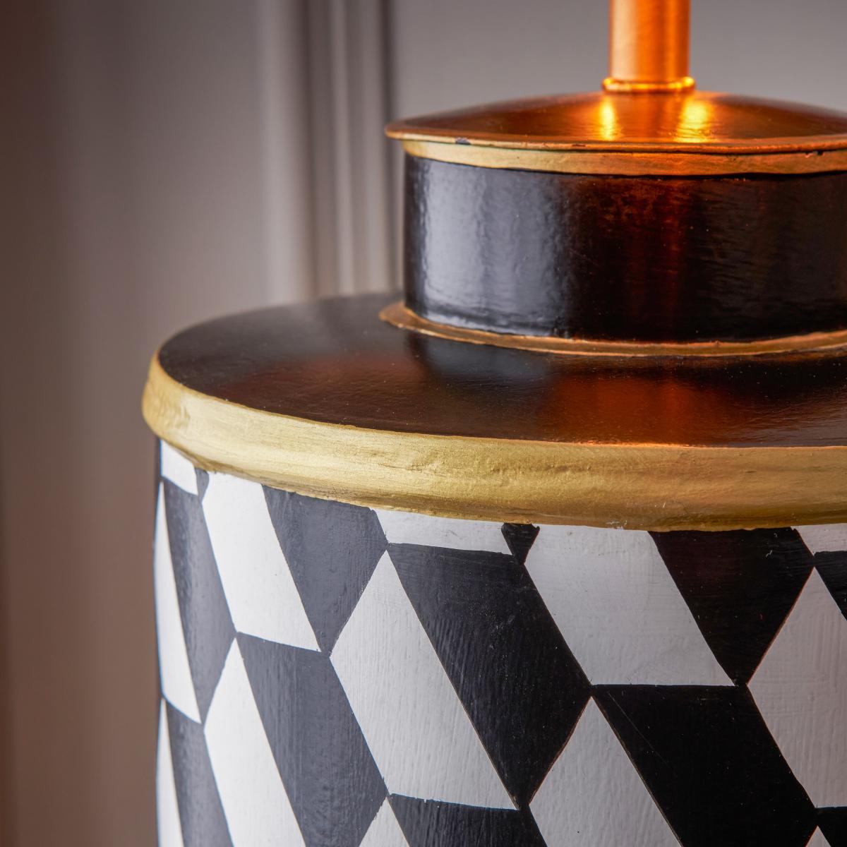 Victor Geometric Hand Painted Table Lamp with 35cm Stellan Slubbed Silk Shade Black and white – image 3