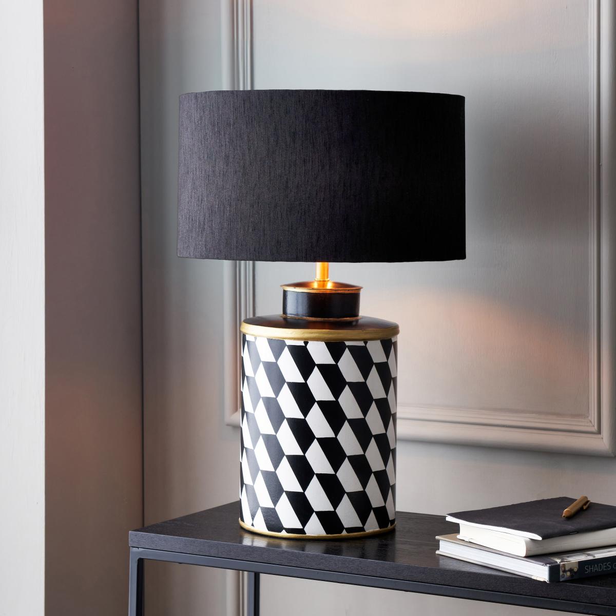 Victor Geometric Hand Painted Table Lamp with 35cm Stellan Slubbed Silk Shade Black and white – image 1