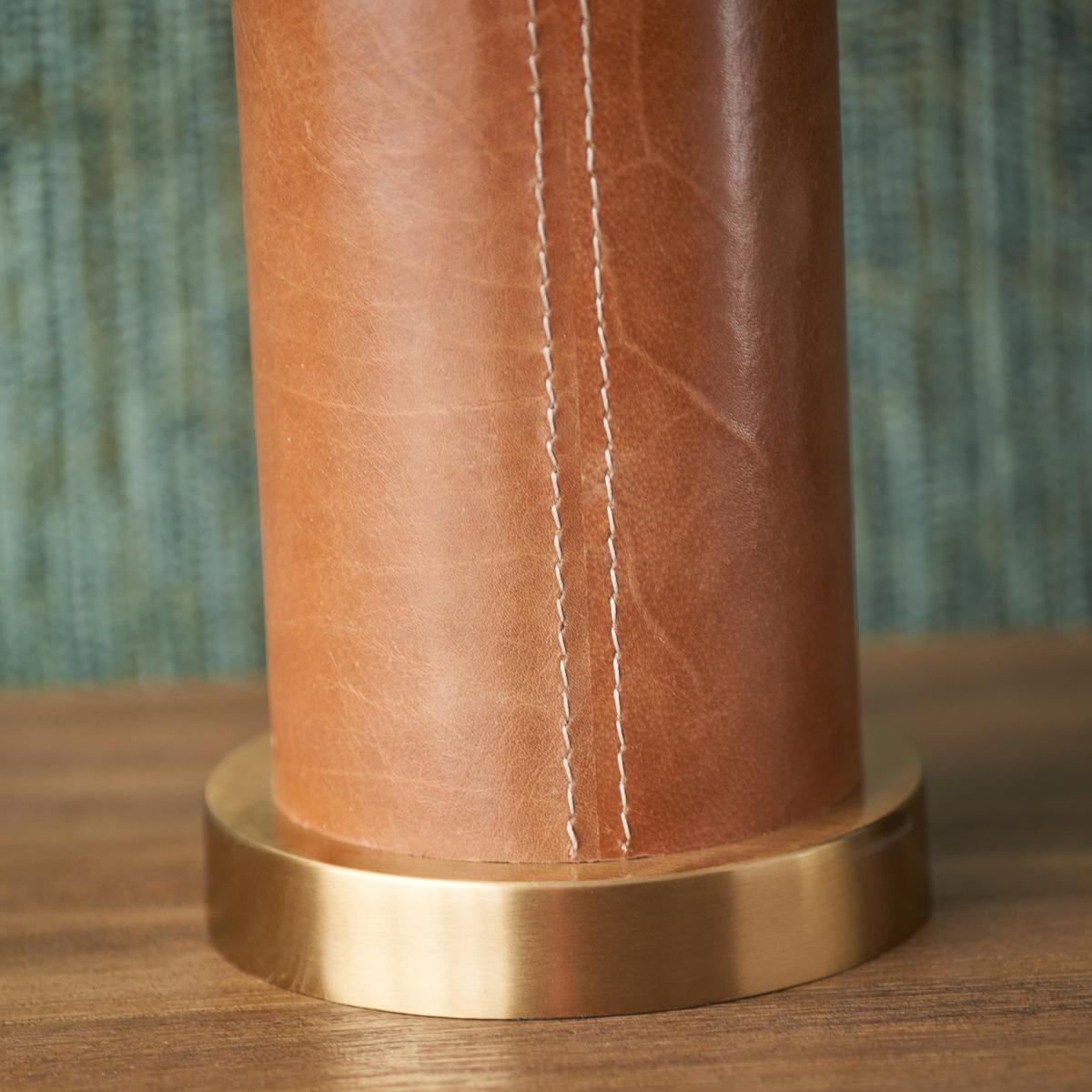 Laurence Tan Leather and Brass Cylindrical Table Lamp with 35cm Linen Drum Shade Tan – image 2