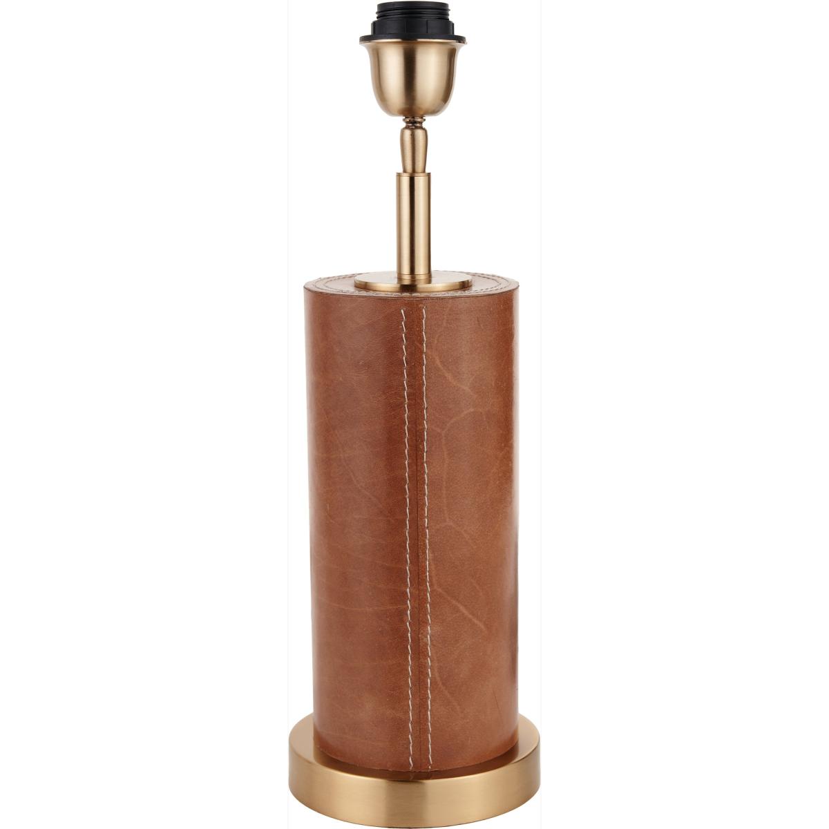Laurence Tan Leather and Brass Cylindrical Table Lamp with 35cm Linen Drum Shade Tan – image 4