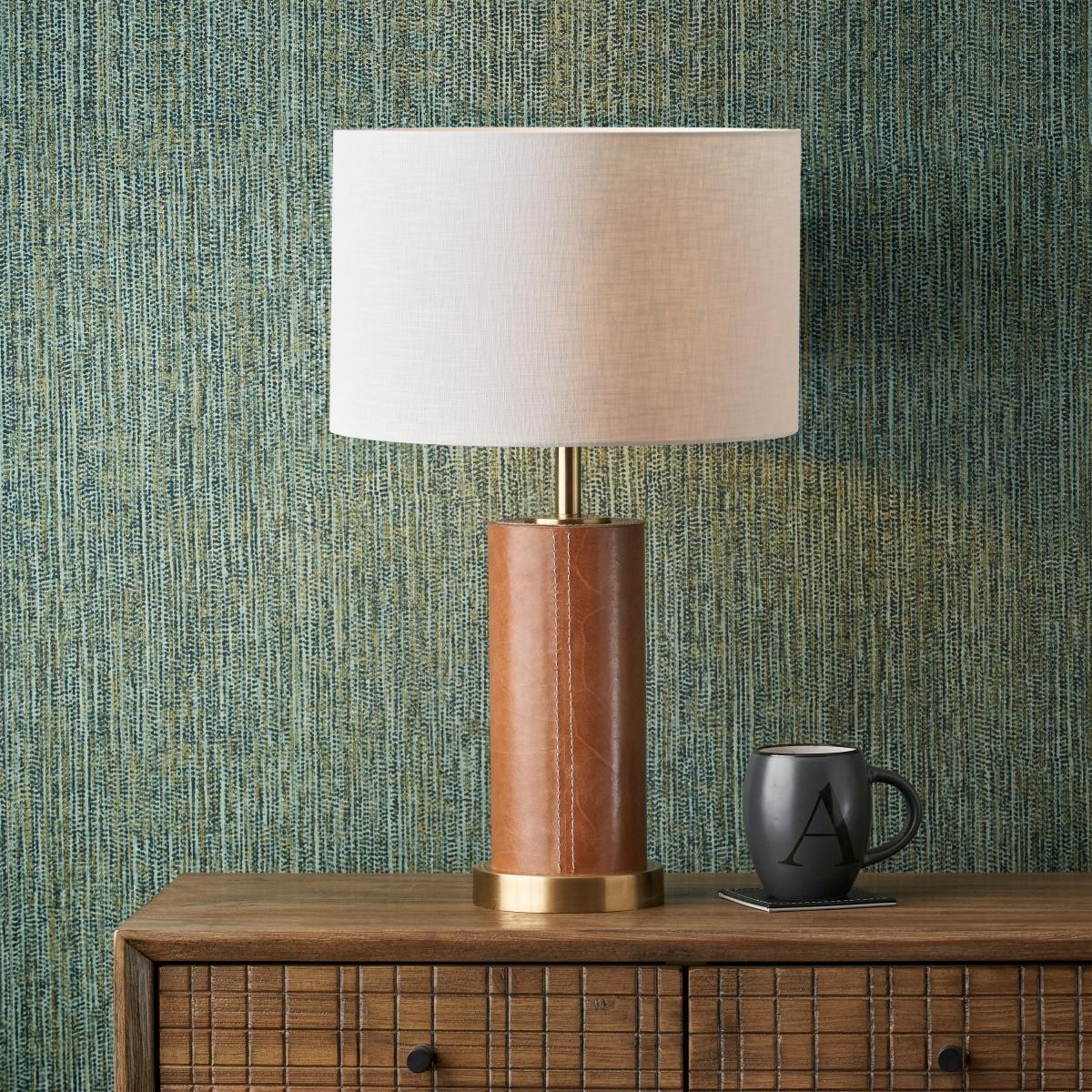 Laurence Tan Leather and Brass Cylindrical Table Lamp with 35cm Linen Drum Shade Tan – image 1