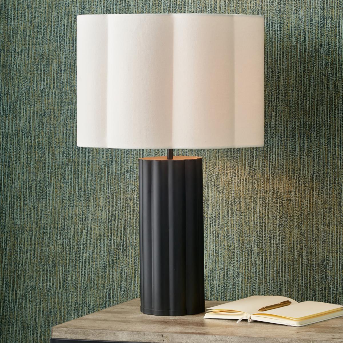 Petula Metal Scallop Table Lamp with Bloom Handloom Scalloped Cylinder Shade Black and White – image 1