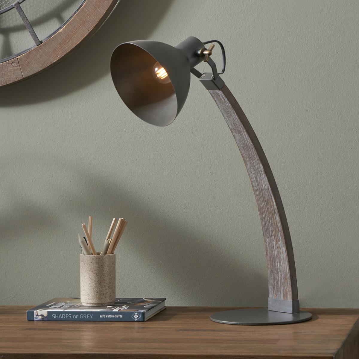 Topsham Wood and Grey Metal Curved Table Task Lamp Black – image 2