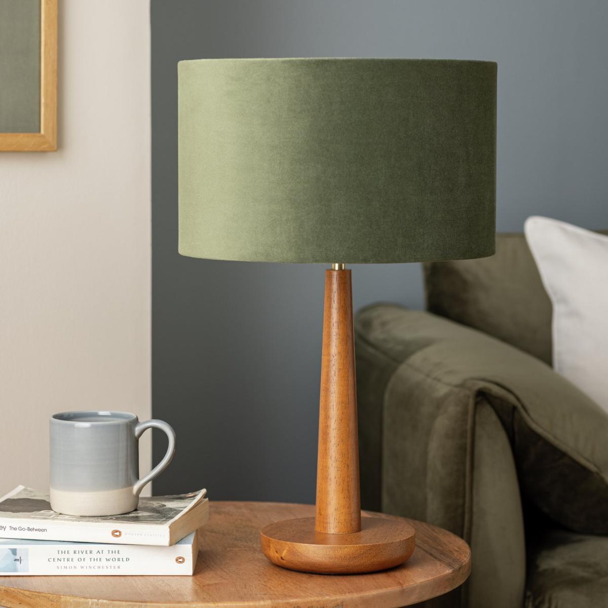 Habitat Tapered 47cm Wood & Velvet Table Lamp - Walnut&Green – image 2