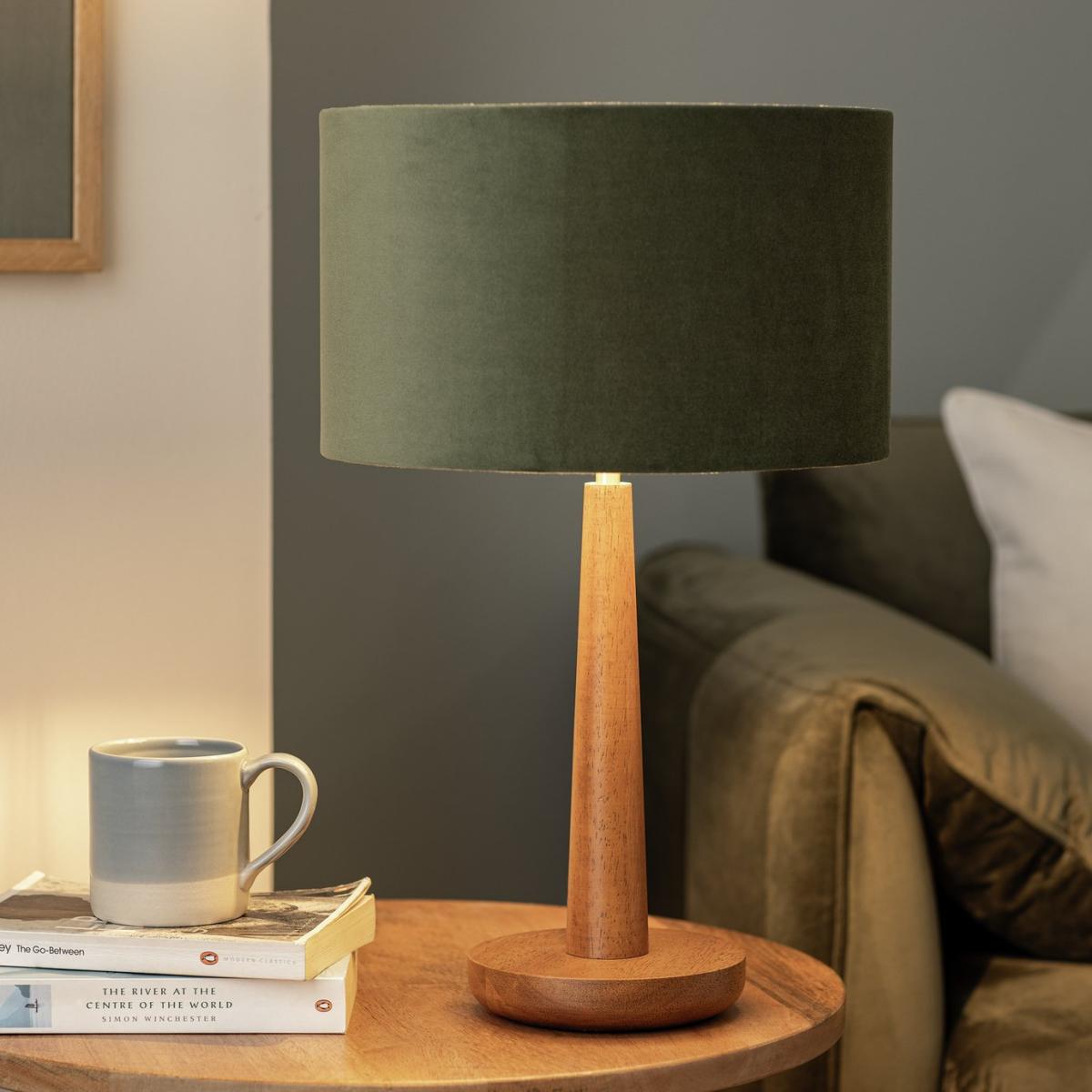 Habitat Tapered 47cm Wood & Velvet Table Lamp - Walnut&Green – image 3