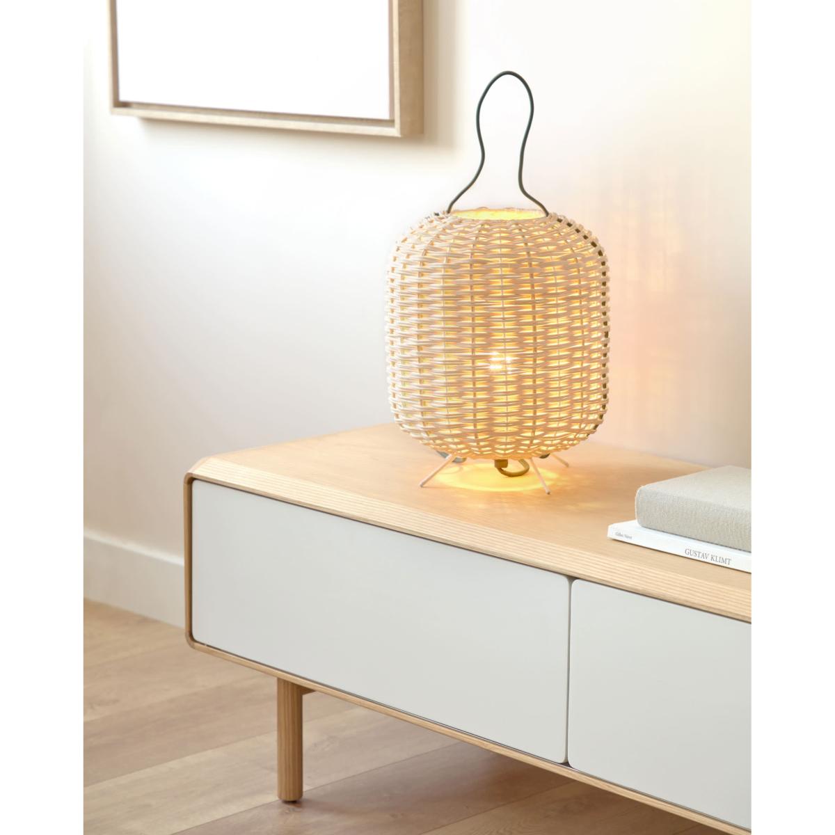 Small Lumisa table lamp in rattan with natural finish and green cord UK adapter – image 2