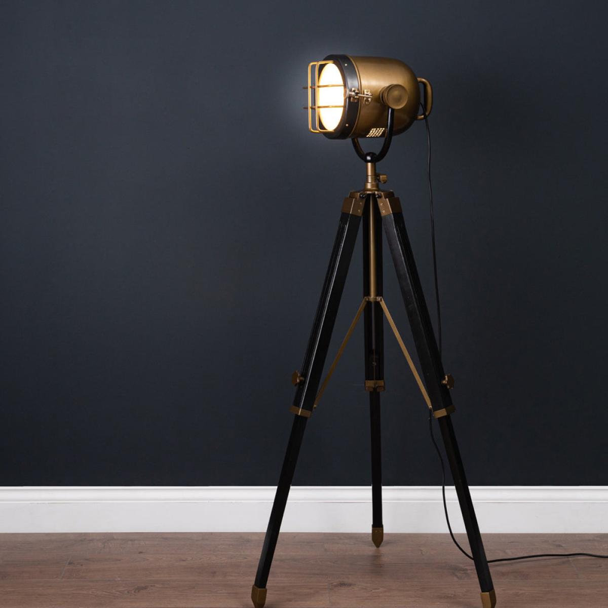 Hill Interiors Industrial Spotlight Tripod Lamp in Brass & Black – image 2