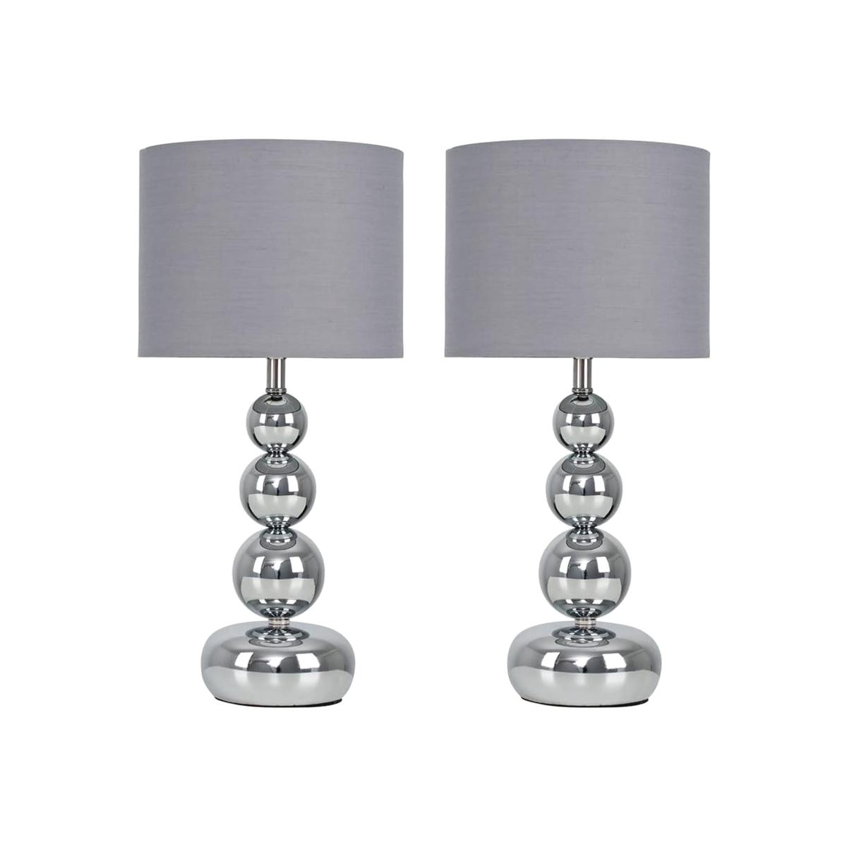 Pair Of Modern Polished Chrome Stacked Ball Table Lamps With Grey Shades - Chrome