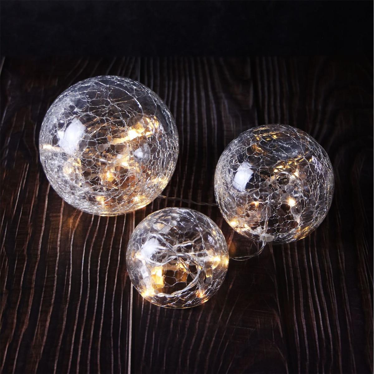 Set of 3 - Fairy Light Crackle Glass Orbs - Clear – image 2