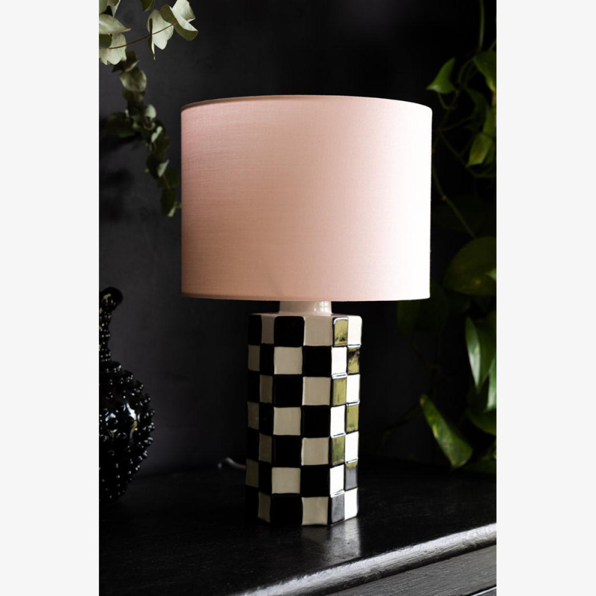 Black & White Checkered Table Lamp With Pink Shade – image 1