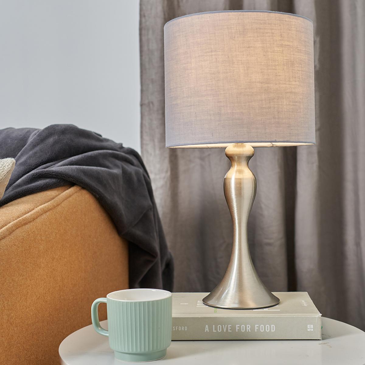 Modern Brushed Chrome Spindle Design Table Lamp With Dark Grey Drum Shade - Brushed Chrome – image 2