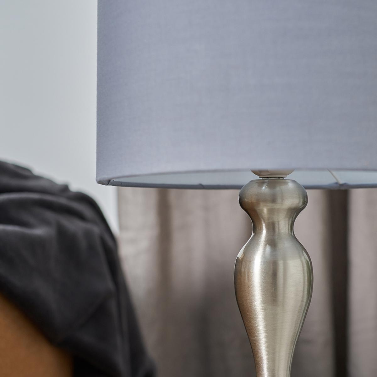 Modern Brushed Chrome Spindle Design Table Lamp With Dark Grey Drum Shade - Brushed Chrome – image 3