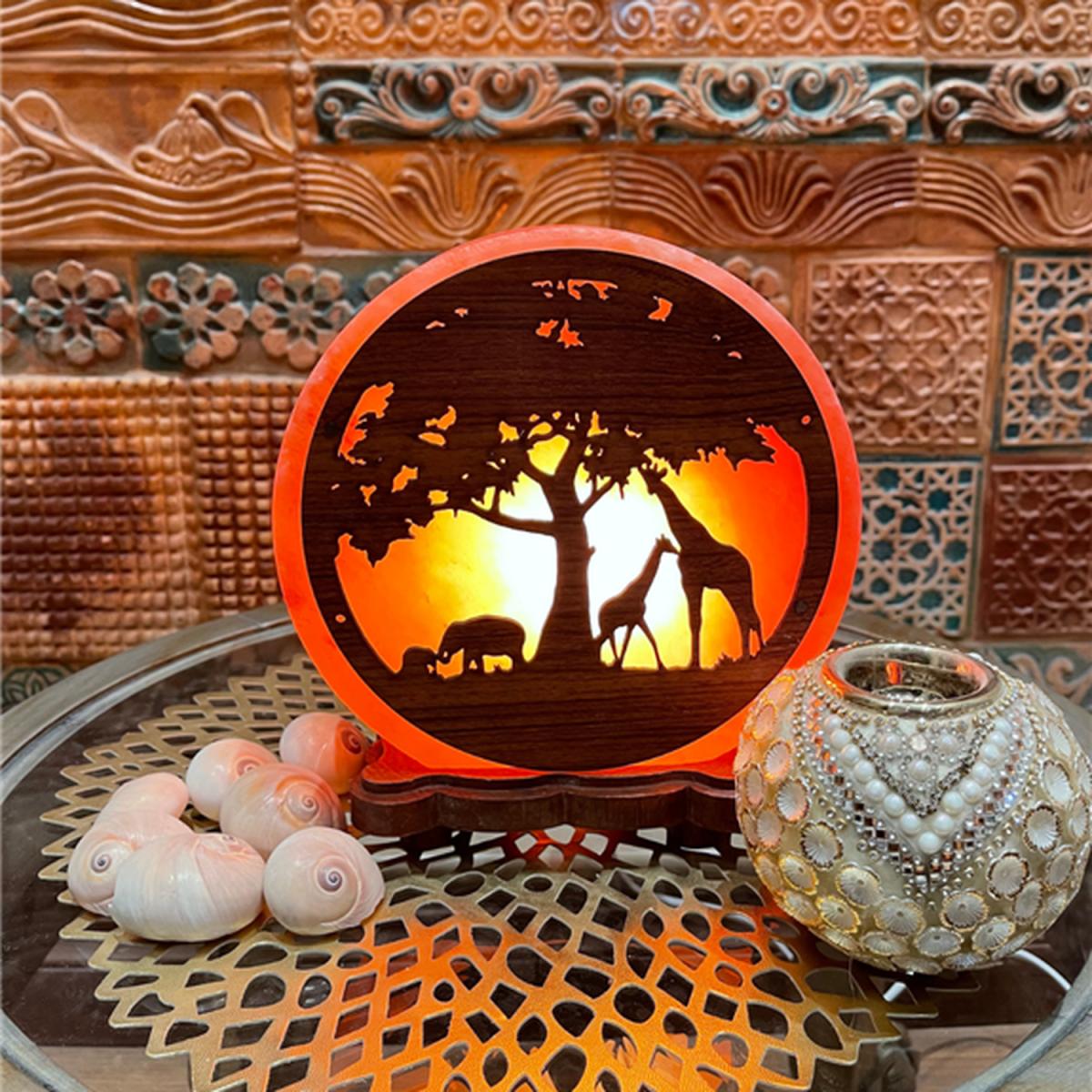 Himalayan Salt Lamp with Wooden Safari Motif - Pink – image 1