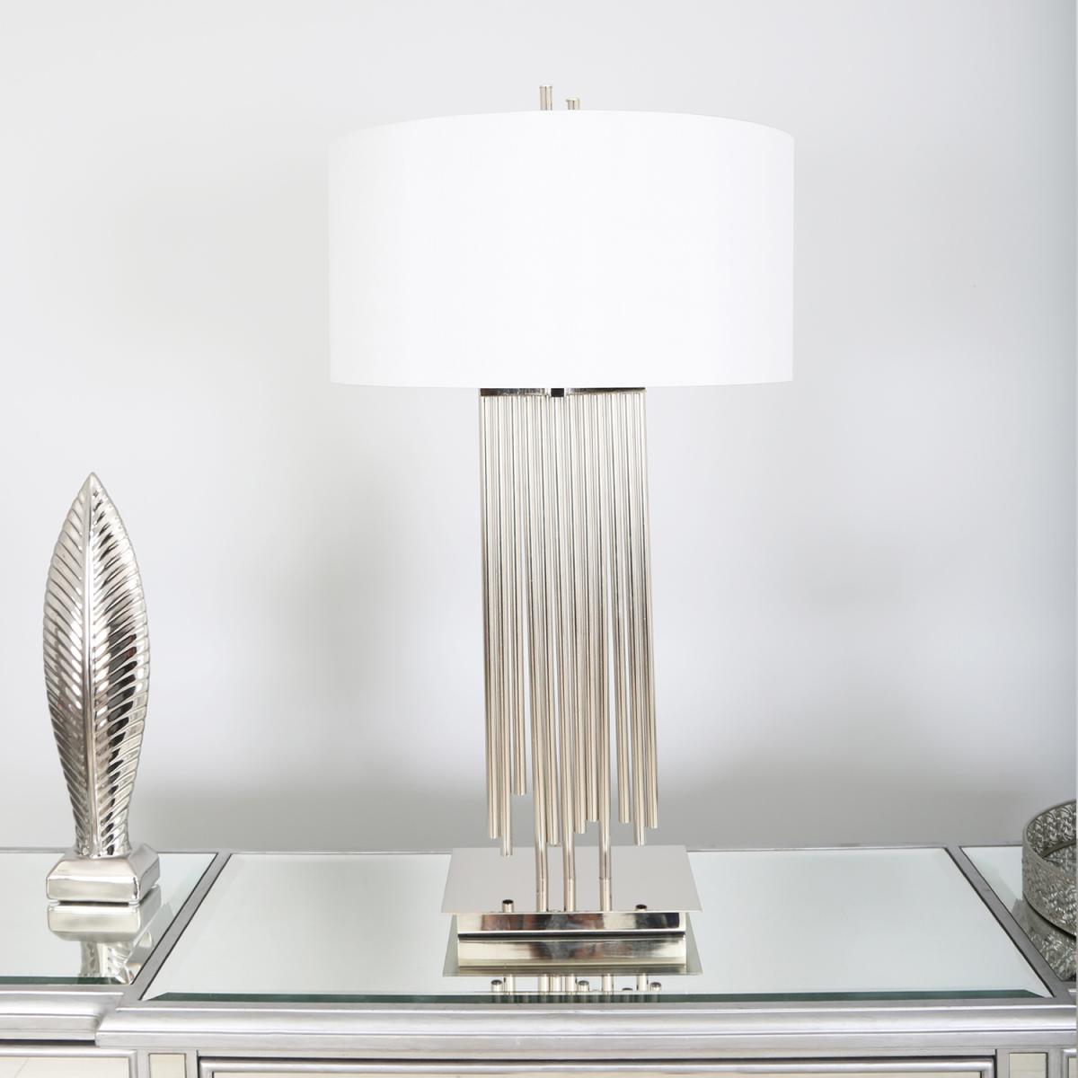 Nickel Table Lamp With White Silk Shade - White And Silver – image 2