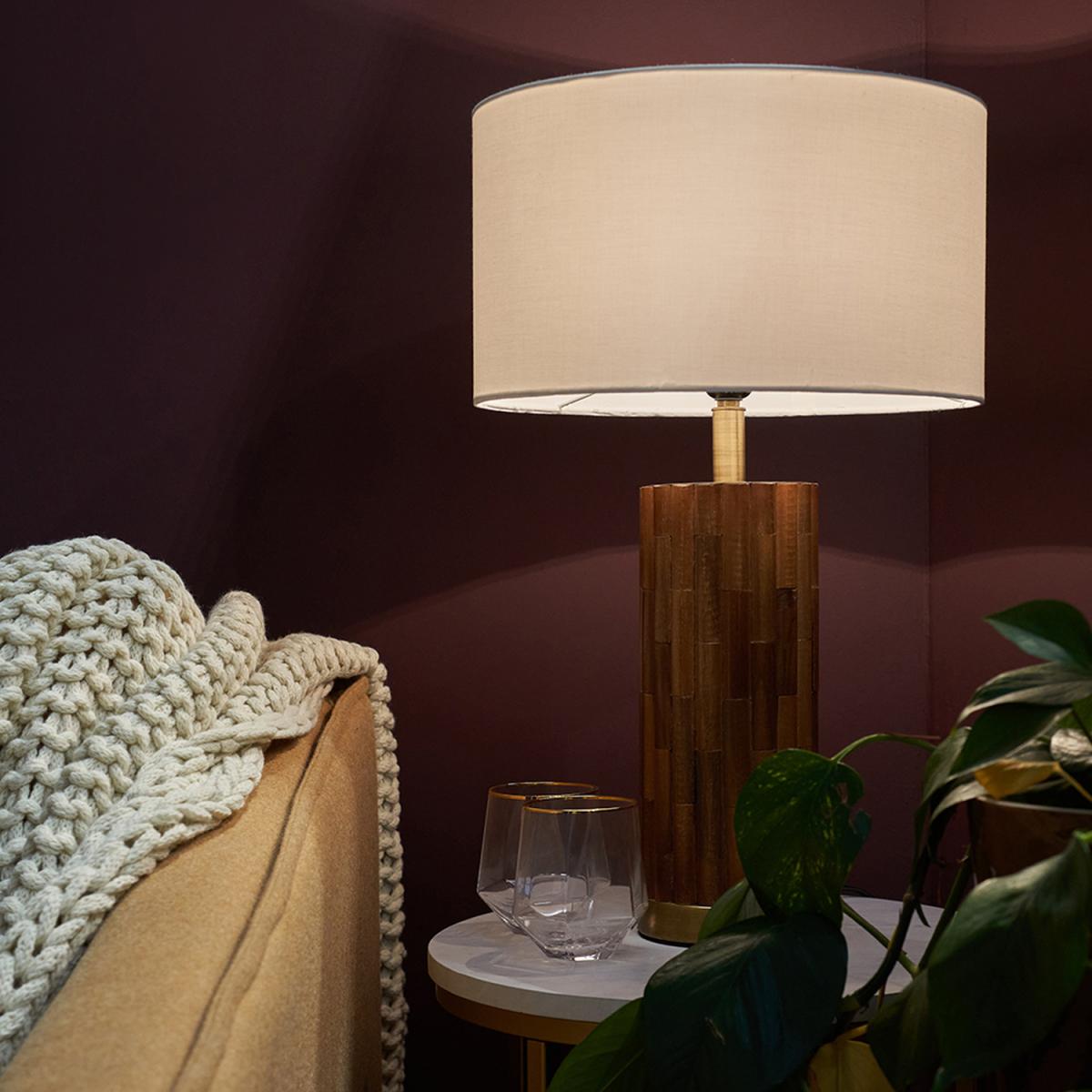 Modern Natural Bamboo And Brass Cylinder Table Lamp With White Cylinder Shade - Wood – image 2