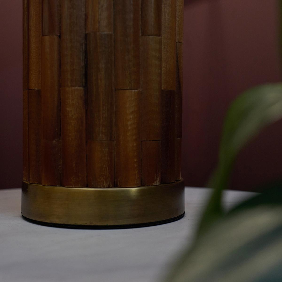 Modern Natural Bamboo And Brass Cylinder Table Lamp With White Cylinder Shade - Wood – image 3