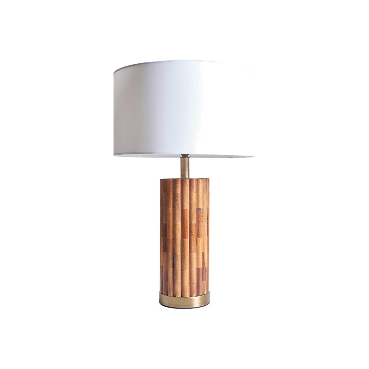 Modern Natural Bamboo And Brass Cylinder Table Lamp With White Cylinder Shade - Wood – image 1