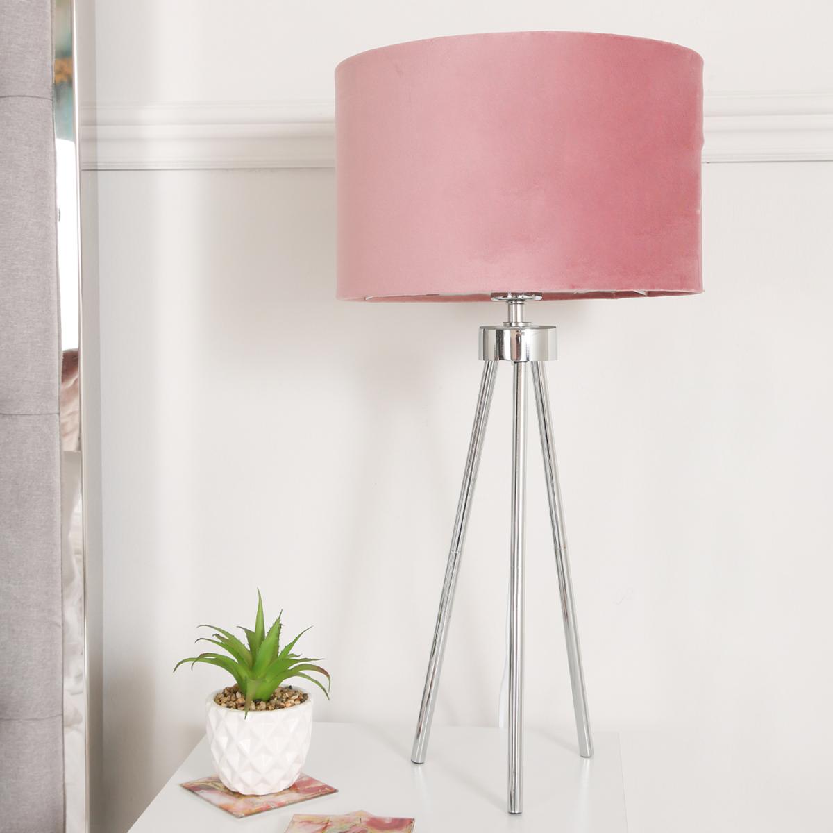 Chrome Tripod Table Lamp with Pink Velvet Shade - Pink – image 1