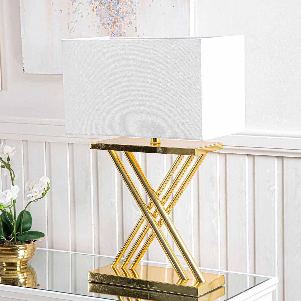 Gold Plated X-Design Table Lamp with White Linen Shade - White – image 1
