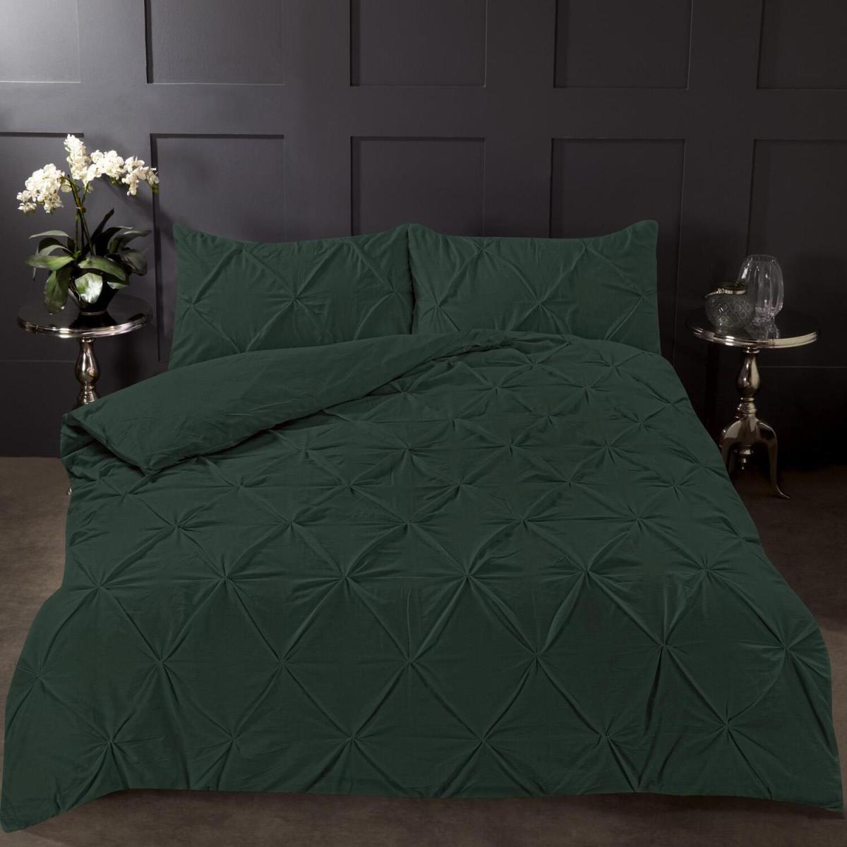 Highams Diamond Pintuck Duvet Cover with Pillowcase - Forest Green / Single – image 18