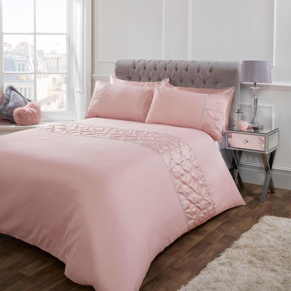 Sienna Satin Pintuck Diamante Band Duvet Cover Bedding Set - Pink / Single – image 2