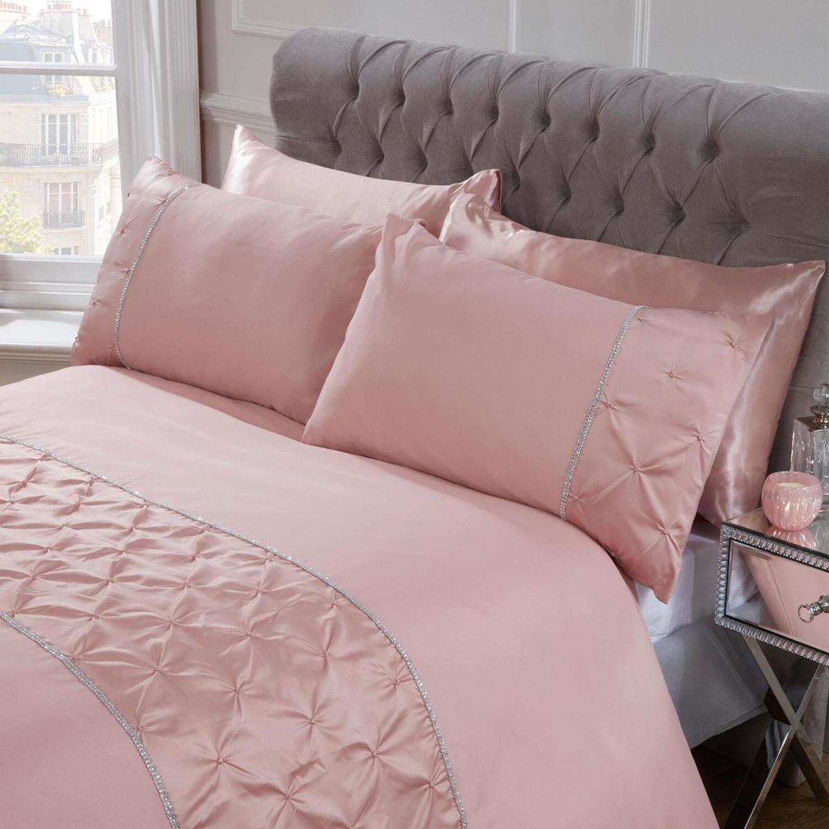 Sienna Satin Pintuck Diamante Band Duvet Cover Bedding Set - Pink / Single – image 3