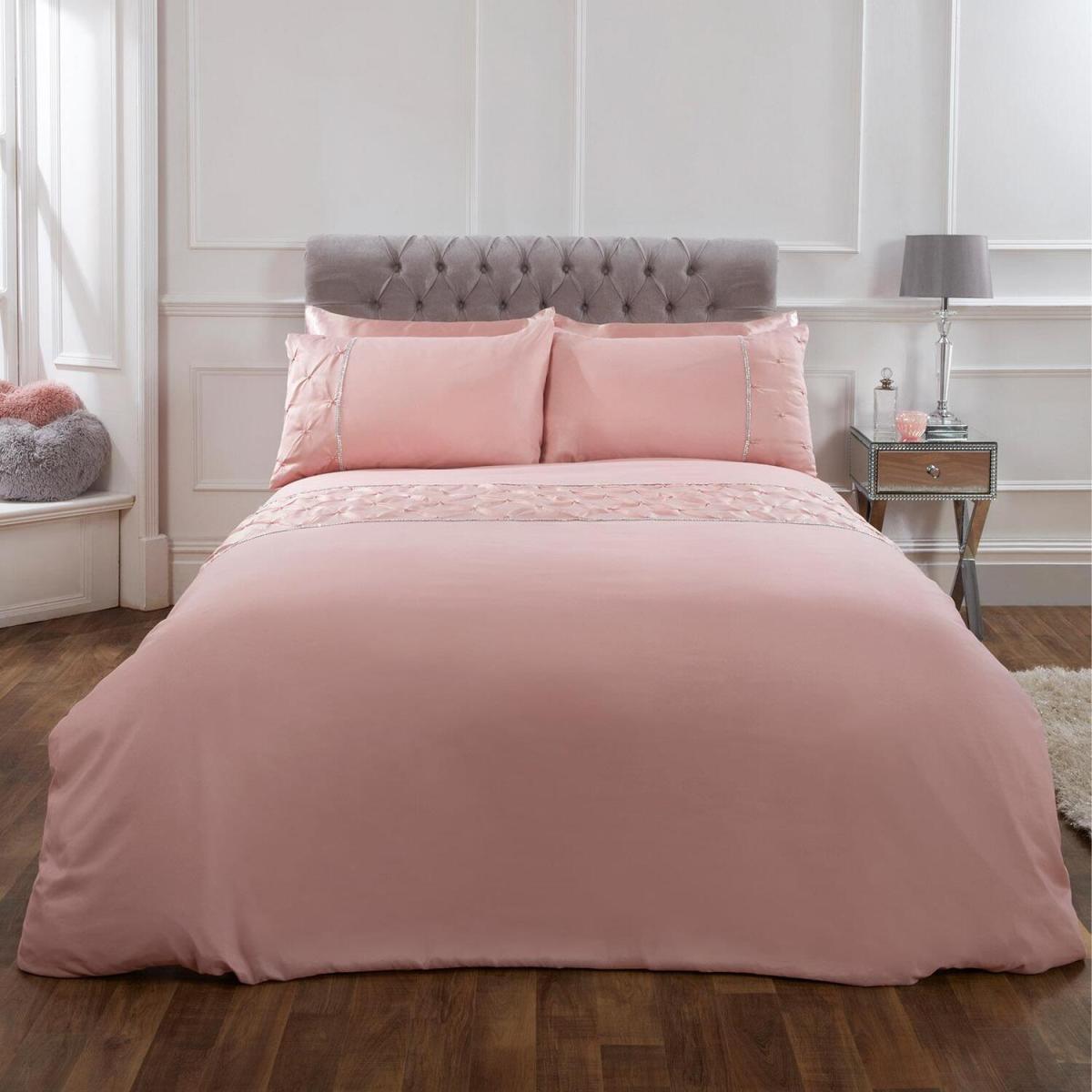 Sienna Satin Pintuck Diamante Band Duvet Cover Bedding Set - Pink / Single – image 4