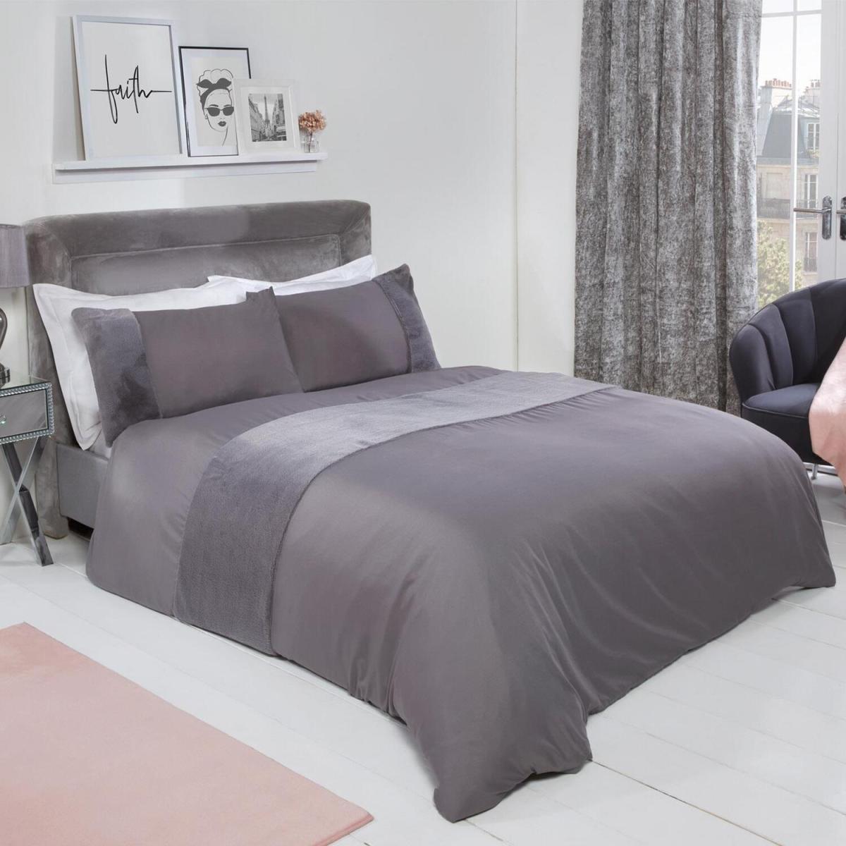 Sienna Faux Fur Panel Band Duvet Cover Bedding Set - Silver / Single – image 2