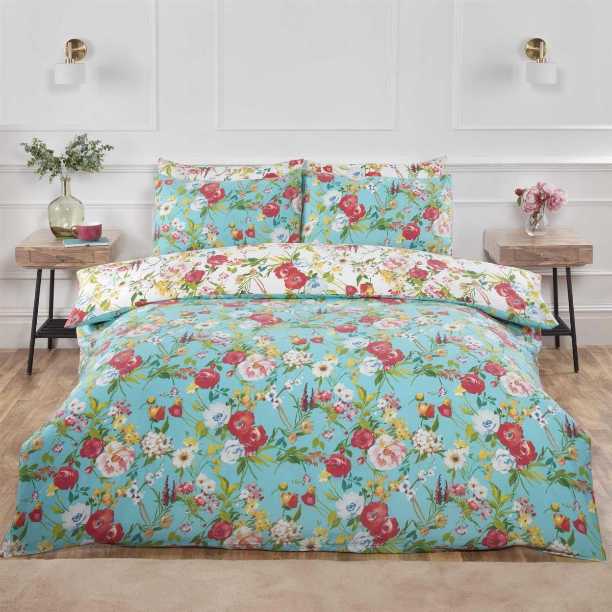 Ashbourne Floral Duvet Cover Set Reversible Bedding Duck Egg - Blue / Single