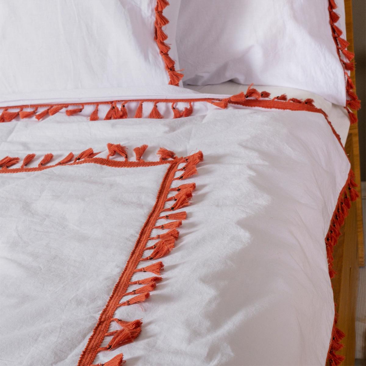 Organic White Cotton Duvet Cover and Pillowcase Set with Brick Red Pompom - White - Brick Red / Single – image 2