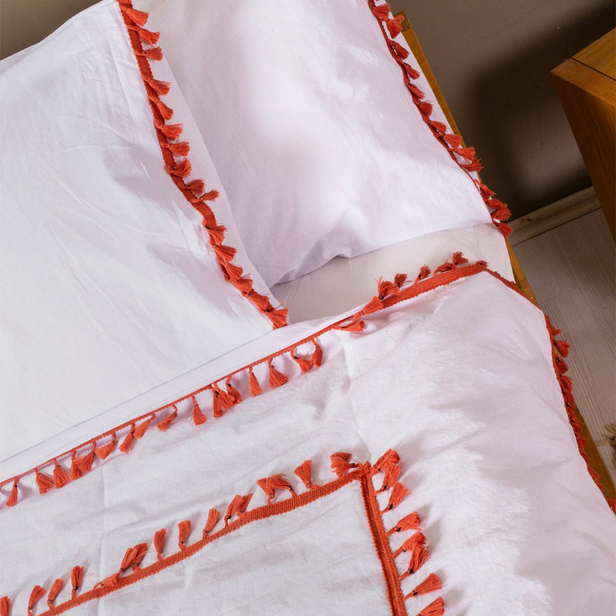 Organic White Cotton Duvet Cover and Pillowcase Set with Brick Red Pompom - White - Brick Red / Single – image 3