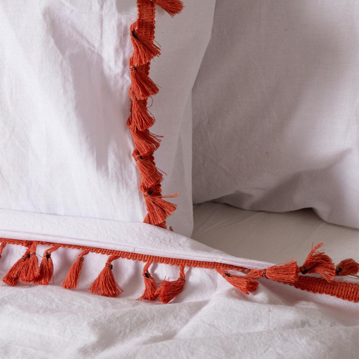 Organic White Cotton Duvet Cover and Pillowcase Set with Brick Red Pompom - White - Brick Red / Single – image 4