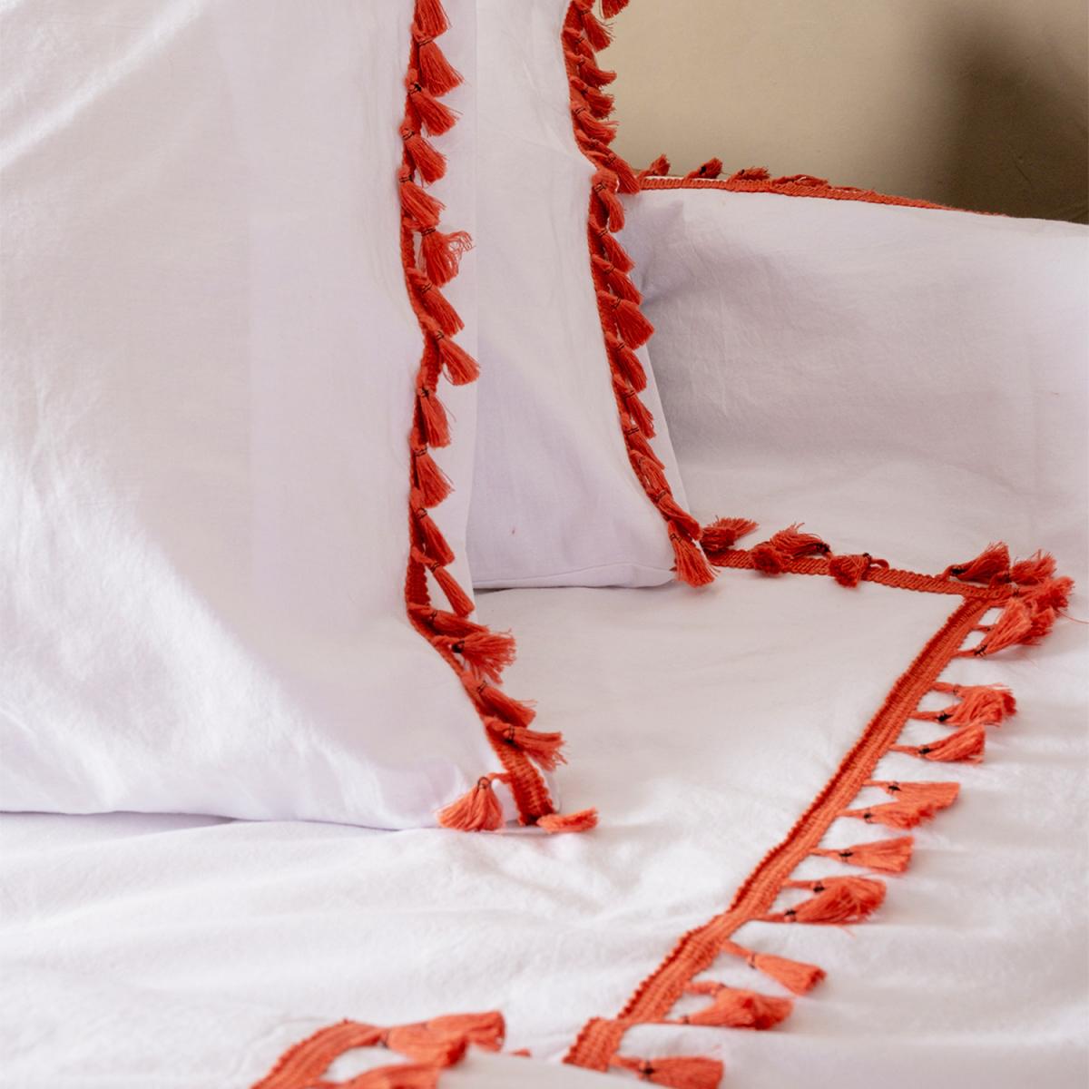 Organic White Cotton Duvet Cover and Pillowcase Set with Brick Red Pompom - White - Brick Red / Single – image 5