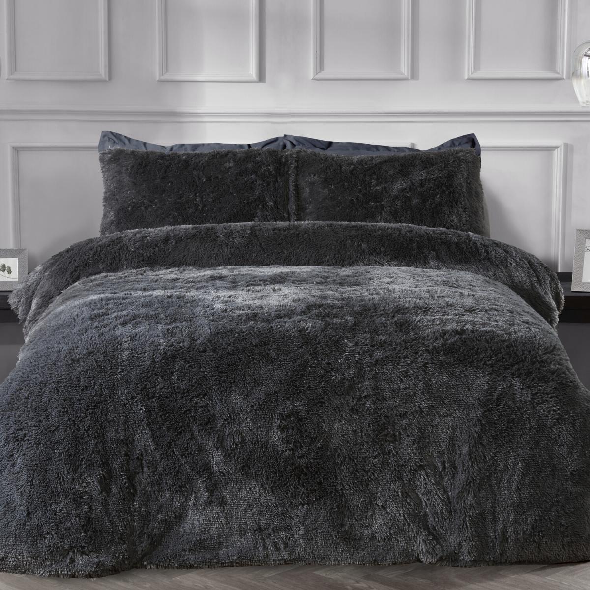 Shaggy Faux Fur Duvet Cover and Pillowcase Set - Charcoal / Single – image 7