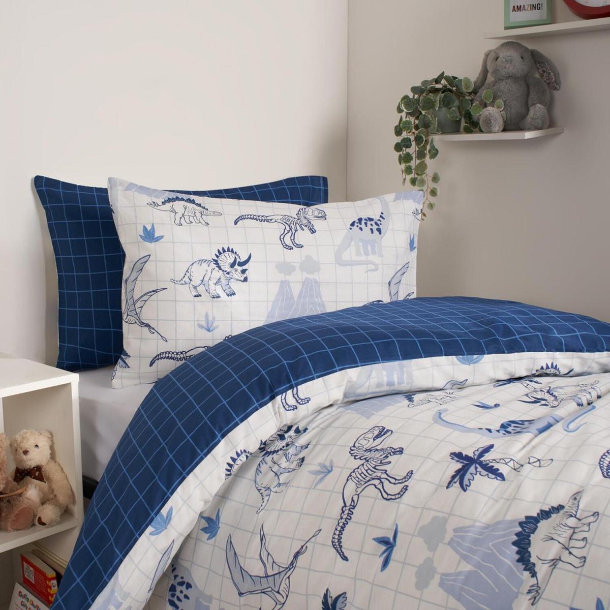 Dinosaur Check Duvet Cover Set - Blue / Single