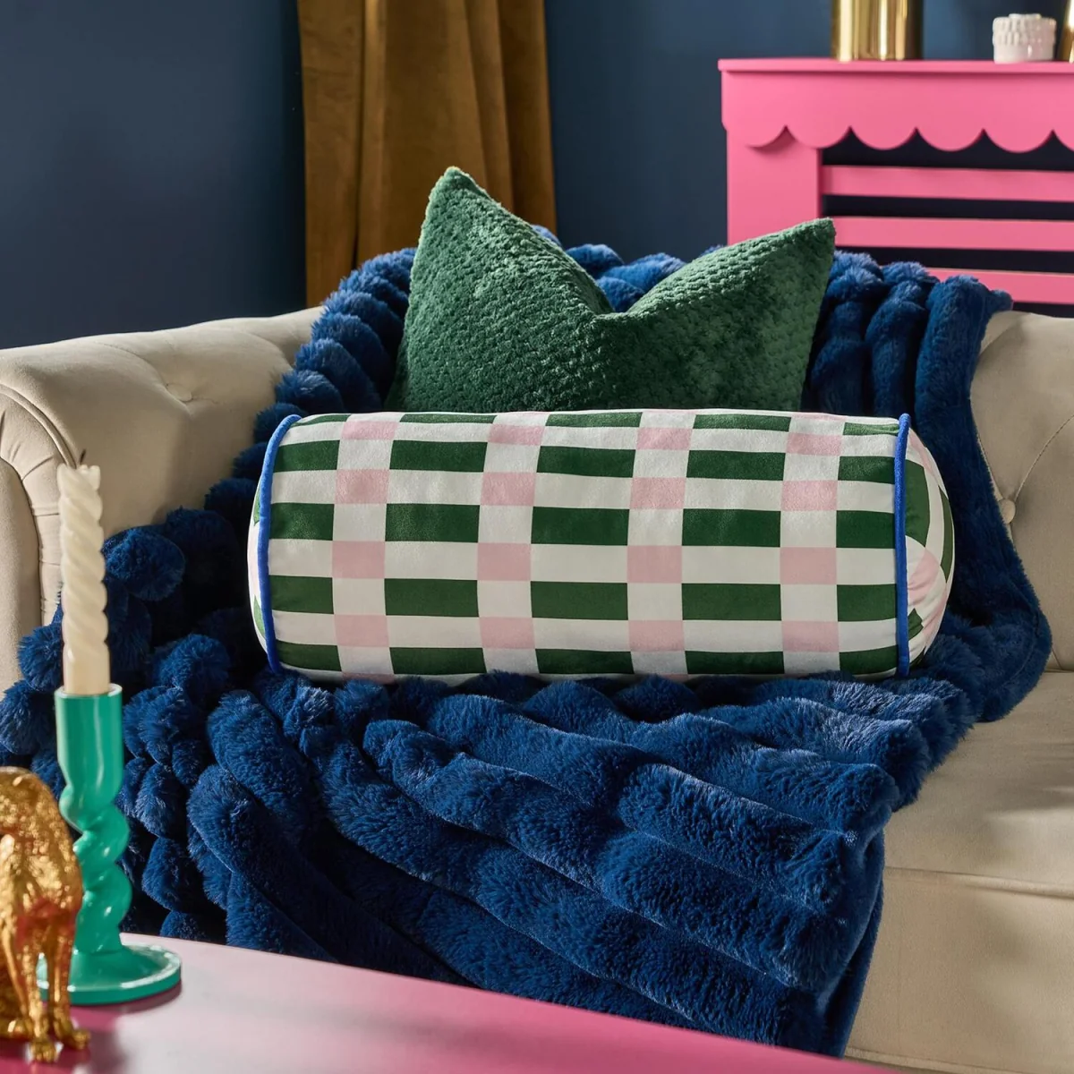 OHS Check Print Bolster Pillow - Green/Pink – image 2