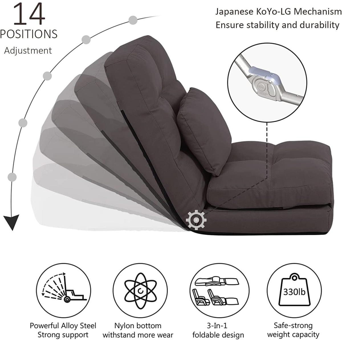 Folding Floor Chair Adjustable 14 Angles with Pillow for Gaming Relaxing - Brown – image 2