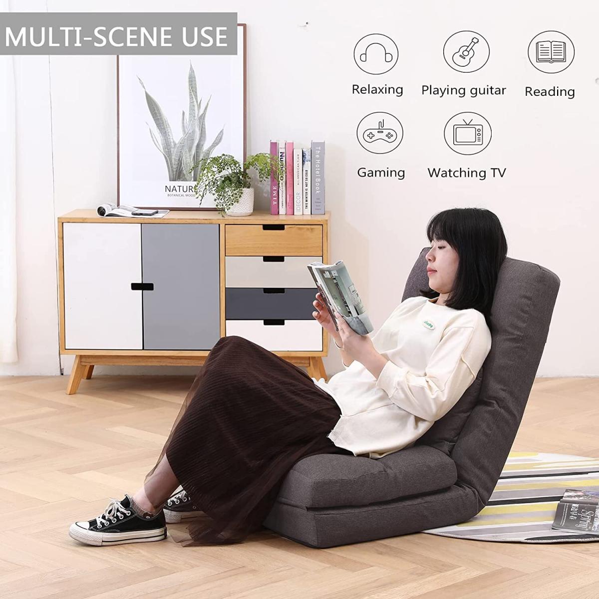 Folding Floor Chair Adjustable 14 Angles with Pillow for Gaming Relaxing - Brown – image 3
